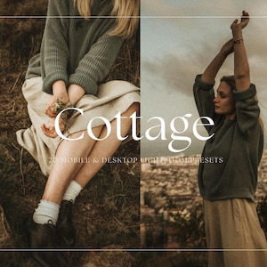 May include: A woman wearing a green sweater and a beige skirt sits on a rock in a field of brown grass. The text "Cottage" is written in white letters on a white background. The text "20 Mobile & Desktop Lightroom Presets" is written in white letters on a white background.
