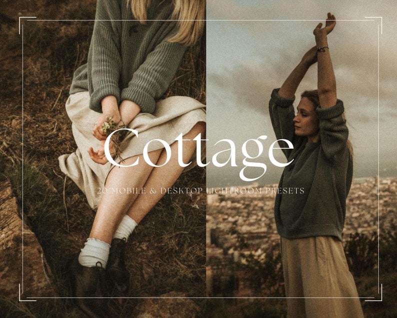 May include: A woman wearing a green sweater and a beige skirt sits on a rock in a field of brown grass. The text "Cottage" is written in white letters on a white background. The text "20 Mobile & Desktop Lightroom Presets" is written in white letters on a white background.