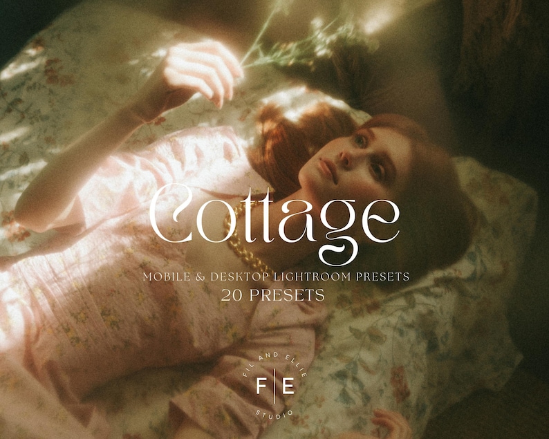 May include: A woman lying on a bed with a floral patterned sheet. She is wearing a pink dress and has a gold necklace on. The text "Cottage" is written in a decorative font above the text "Mobile & Desktop Lightroom Presets 20 Presets".