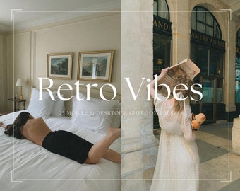 May include: A woman in a white dress with black polka dots stands in front of a building with a sign that reads "American Bar". She is holding a newspaper and a loaf of bread. The image is titled "Retro Vibes 25 Mobile & Desktop Lightroom Presets".