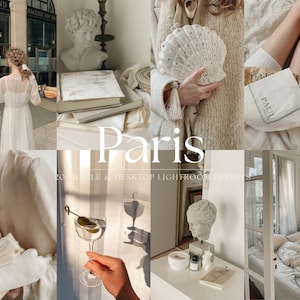 May include: A collage of images featuring a white dress, a white clutch purse, a glass of martini, a white bed, and a white book with the word "Paris" on it.