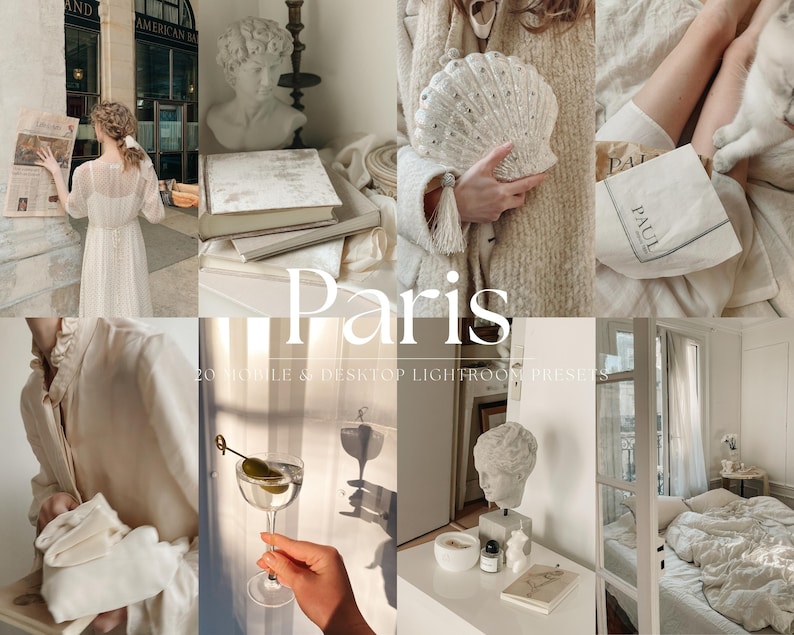 May include: A collage of images featuring a white dress, a white clutch purse, a glass of martini, a white bed, and a white book with the word "Paris" on it.