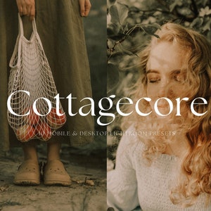 May include: Cottagecore Lightroom presets for mobile and desktop. The image shows a woman with long blonde hair wearing a white sweater and a person holding a mesh bag filled with red apples.