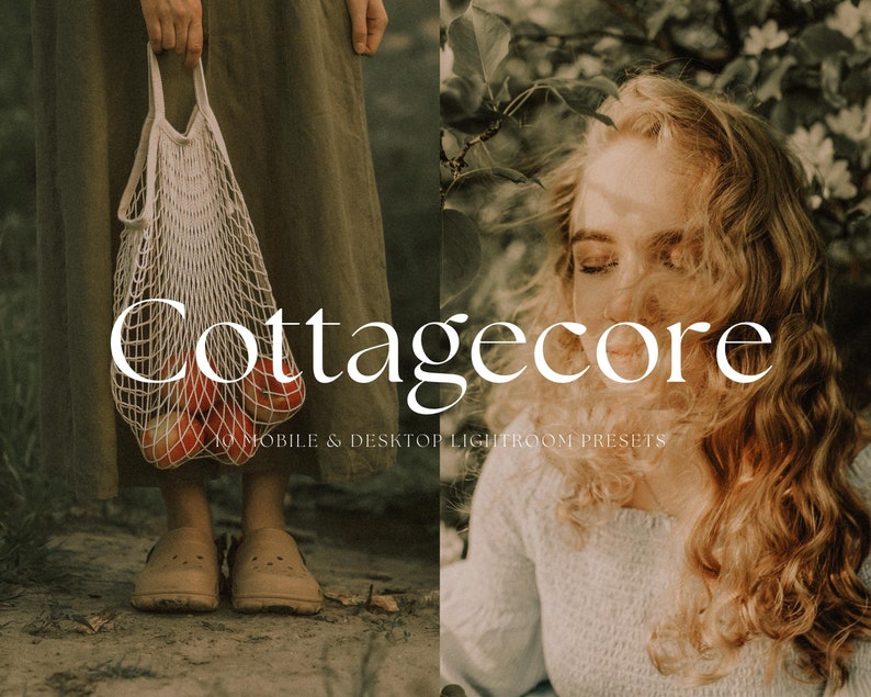 May include: Cottagecore Lightroom presets for mobile and desktop. The image shows a woman with long blonde hair wearing a white sweater and a person holding a mesh bag filled with red apples.