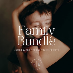 May include: A photograph of a mother holding a sleeping baby in her arms. The image has a warm, muted colour palette. The text "Family Bundle" is overlaid on the image, along with the text "Mobile & Desktop Lightroom Presets". The text "Fil and Ellie Studio" is also included in the image.