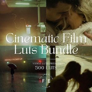 May include: A digital bundle of 500 Cinematic Film LUTs for video editing. The graphic features four distinct scenes: a gas station at night, a close-up of a couple, a person with an umbrella in the rain, and a couple kissing by a window.