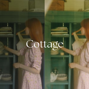 May include: A woman in a pink floral dress stands in front of a vintage green cabinet with shelves. The cabinet is filled with dishes and other items. The woman is reaching into the cabinet to grab something. The text "Cottage" is written in white on a light green background.