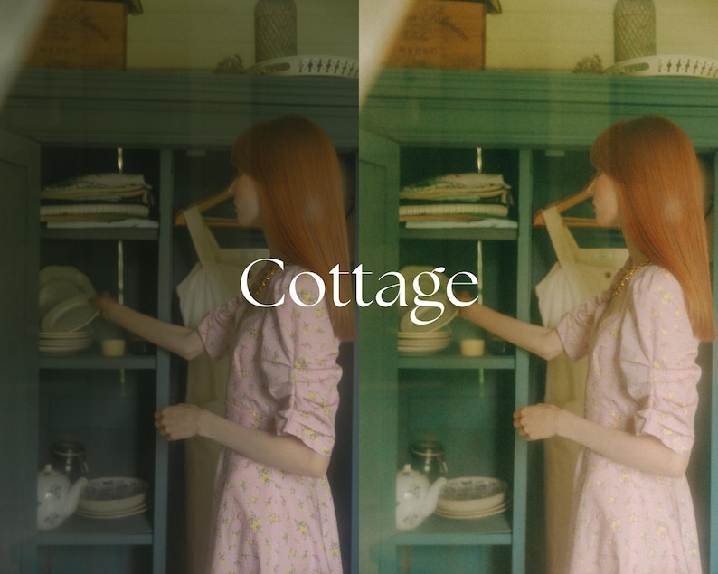May include: A woman in a pink floral dress stands in front of a vintage green cabinet with shelves. The cabinet is filled with dishes and other items. The woman is reaching into the cabinet to grab something. The text "Cottage" is written in white on a light green background.