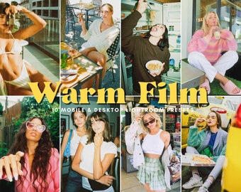 Op de afbeelding: Een verzameling van 10 Lightroom-presets voor mobiel en desktop, genaamd "Warm Film". De presets zijn ontworpen om foto's een warme, vintage filmlook te geven. De afbeelding toont verschillende voorbeelden van hoe de presets kunnen worden gebruikt om foto's te bewerken.