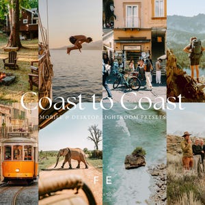 May include: A collage of travel photos with a warm, inviting aesthetic. The images include a person diving into water, a yellow trolley, a person hiking, and an elephant walking on a dirt road. Text reads "Coast to Coast" and "Mobile & Desktop Lightroom Presets."