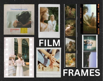 Peut inclure: Un collage d'images dans différents cadres de film, y compris une femme en robe blanche, une femme en chemise blanche, une femme en robe marron, une femme en chemise blanche et une femme en robe blanche. Le texte "FILM FRAMES" est en bas du collage.