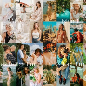 May include: A collage of images showcasing different photo editing presets. The presets are categorized as "Air", "Island", "Aesthetic Film", and "Color Film". Each category features a variety of images with different color palettes and styles.