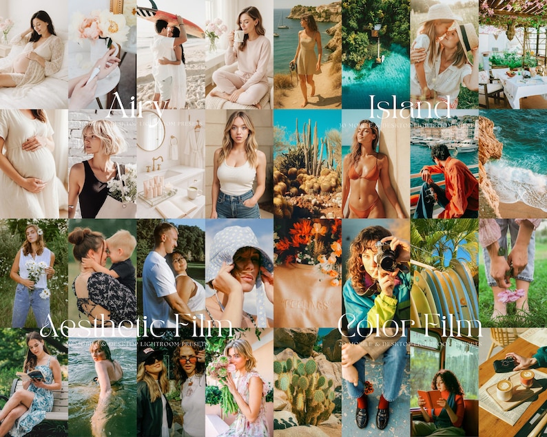 May include: A collage of images showcasing different photo editing presets. The presets are categorized as "Air", "Island", "Aesthetic Film", and "Color Film". Each category features a variety of images with different color palettes and styles.