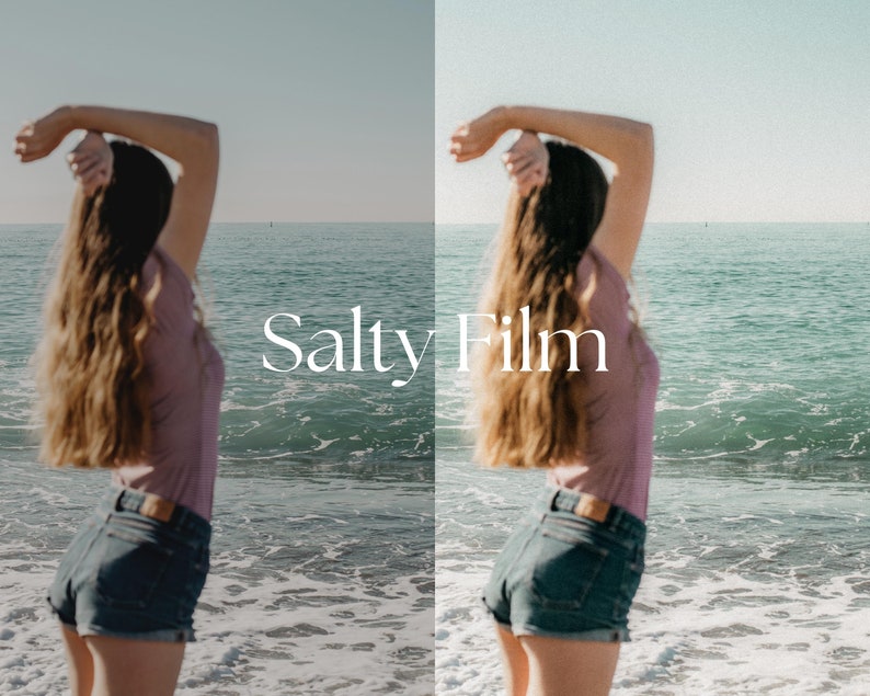 May include: A woman with long brown hair is standing on a beach with her arms raised above her head. She is wearing a pink shirt and denim shorts. The ocean is in the background. The text "Salty Film" is superimposed on the image.