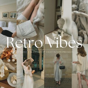 May include: A collage of images featuring a variety of scenes, including a bedroom with a white bedspread, a woman in a white dress, a woman in a white sweater, a sculpture of a group of people, and a table with a cup of coffee. The text "Retro Vibes" is superimposed on the image.