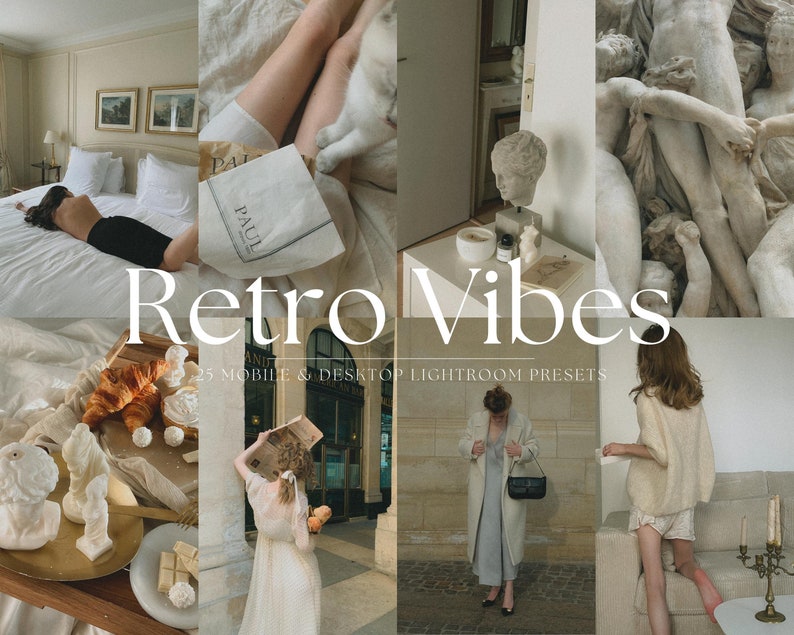 May include: A collage of images featuring a variety of scenes, including a bedroom with a white bedspread, a woman in a white dress, a woman in a white sweater, a sculpture of a group of people, and a table with a cup of coffee. The text "Retro Vibes" is superimposed on the image.