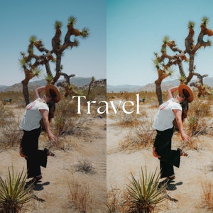 May include: A person wearing a white t-shirt, black pants, and a straw hat poses in a desert landscape with a Joshua tree. The word "Travel" is written in white text. The scene is bathed in warm sunlight under a clear blue sky.