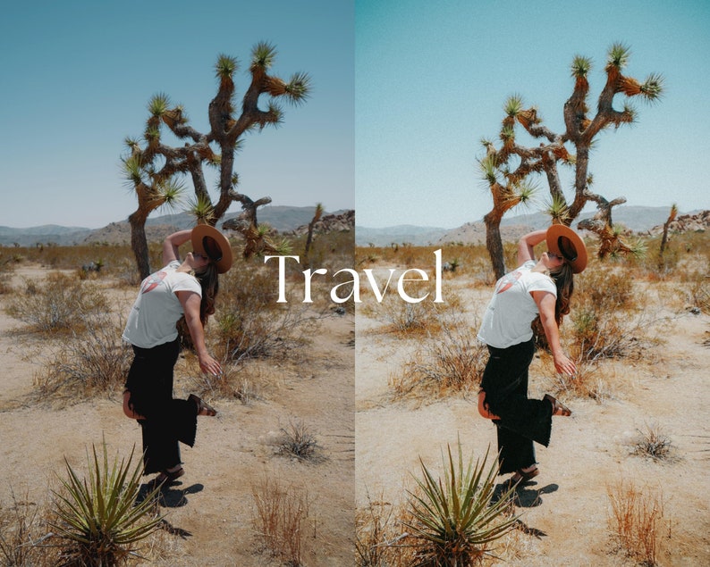 May include: A person wearing a white t-shirt, black pants, and a straw hat poses in a desert landscape with a Joshua tree. The word "Travel" is written in white text. The scene is bathed in warm sunlight under a clear blue sky.