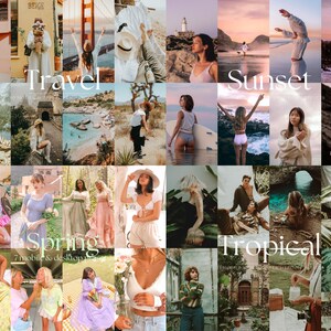 May include: A collage of 20 images showcasing different photo filters for mobile and desktop. The images feature various scenes, including travel, sunset, spring, and tropical landscapes. The text "Travel", "Sunset", "Spring", and "Tropical" are displayed in the collage.