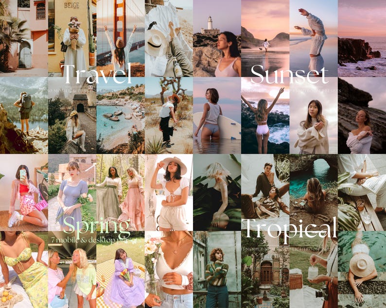 May include: A collage of 20 images showcasing different photo filters for mobile and desktop. The images feature various scenes, including travel, sunset, spring, and tropical landscapes. The text "Travel", "Sunset", "Spring", and "Tropical" are displayed in the collage.
