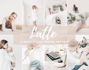 May include: A collage of images showcasing a set of 6 mobile Lightroom presets called "Latte". The images feature people, animals, food, and everyday objects in a light and airy aesthetic.