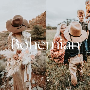 May include: A woman in a brown hat and a sequined dress holds a bouquet of dried flowers. The text "Bohemian" is superimposed on the image. The image is a promotional image for a set of photo filters.