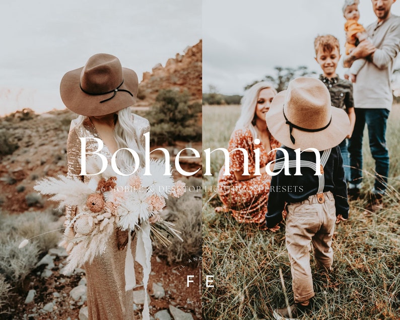May include: A woman in a brown hat and a sequined dress holds a bouquet of dried flowers. The text "Bohemian" is superimposed on the image. The image is a promotional image for a set of photo filters.