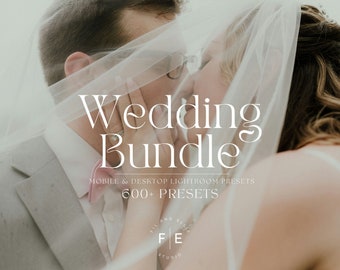 May include: A couple is embracing under a veil, with the text "Wedding Bundle" and "Mobile & Desktop Lightroom Presets 600+ Presets" displayed below. The text "Fill and Edit" is in a circle with the letters "F E" in the center.