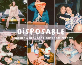 Op de afbeelding: Een set van 6 Lightroom-presets voor mobiel en desktop, genaamd "Disposable". De presets zijn ontworpen om foto's een vintage look te geven, alsof ze zijn gemaakt met een wegwerpcamera. De afbeelding toont verschillende foto's met de presets toegepast, waaronder een persoon in een beige pak die voor een auto staat, een persoon die een pizzapunt vasthoudt, twee personen die op een bank zitten en een persoon die taart eet.
