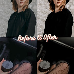 May include: Before and after photo showing a woman wearing a black hat and black shirt. The before photo shows the woman with a more natural skin tone, while the after photo shows the woman with a more edited skin tone. The second part of the image shows a close-up of the woman's legs wearing black fishnet tights with a brown pattern.