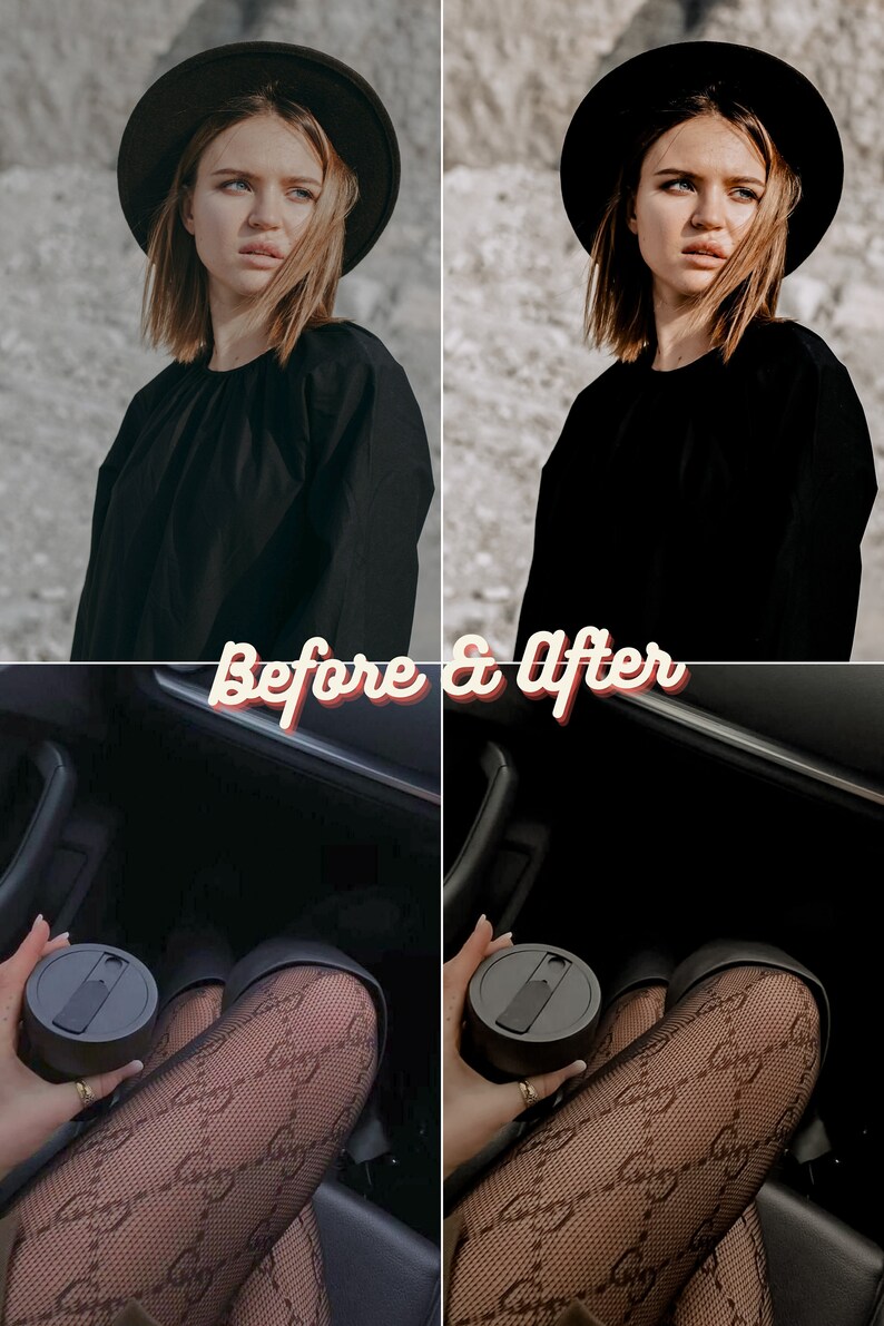 May include: Before and after photo showing a woman wearing a black hat and black shirt. The before photo shows the woman with a more natural skin tone, while the after photo shows the woman with a more edited skin tone. The second part of the image shows a close-up of the woman's legs wearing black fishnet tights with a brown pattern.
