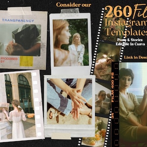 May include: A collage of images with a vintage film aesthetic. The images feature people, hands, and a building. The text "260 Film Instagram Templates" is displayed in a bold font with a film strip border.
