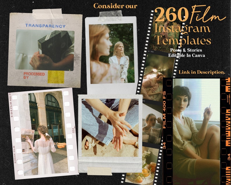 May include: A collage of images with a vintage film aesthetic. The images feature people, hands, and a building. The text "260 Film Instagram Templates" is displayed in a bold font with a film strip border.