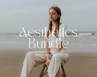 May include: A woman wearing a white dress sits on a wooden chair on a beach. The text "Aesthetics Bundle" is written in white script on a light gray background. The text "Mobile & Desktop Lightroom Presets" is written in white below the title. The text "400+ Presets" is written in white below the subtitle.