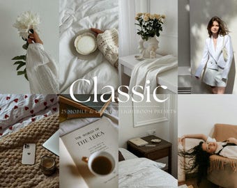 May include: A collection of 25 mobile and desktop Lightroom presets called "Classic". The presets are designed to give photos a vintage, classic look. The image shows several examples of how the presets can be used to edit photos.