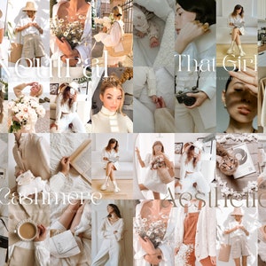 May include: A collage of images showcasing a range of lightroom presets. The presets are labelled "Neutral", "That Girl", "Cashmere", and "Aesthetic". The images all have a light and airy feel, with a focus on natural light and soft colours.