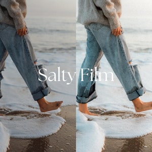 May include: A person wearing a gray sweater and blue jeans walks barefoot on a sandy beach with foamy waves. The text "Salty Film" is superimposed on the image.