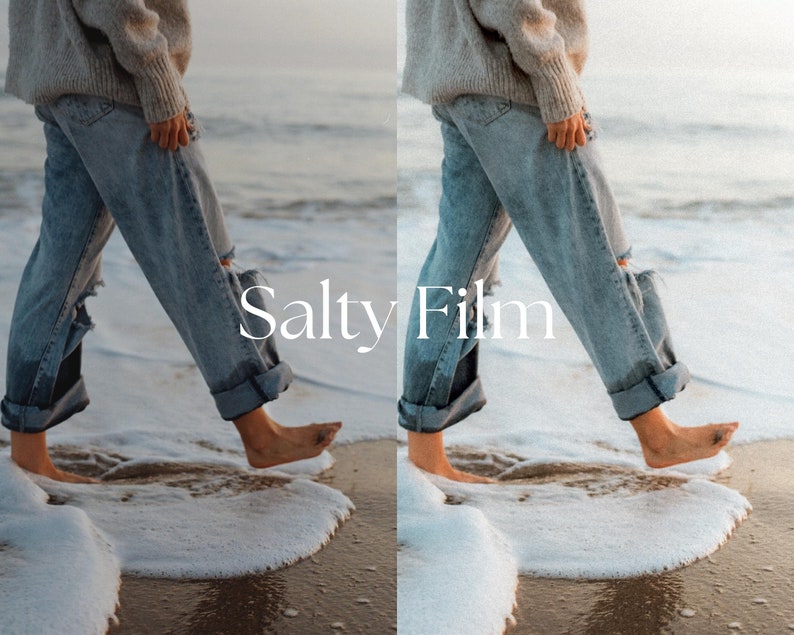 May include: A person wearing a gray sweater and blue jeans walks barefoot on a sandy beach with foamy waves. The text "Salty Film" is superimposed on the image.