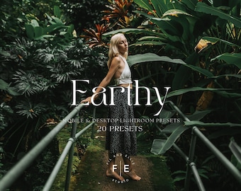 May include: A woman stands on a bridge surrounded by lush green foliage. The word "Earthy" is displayed in elegant white script. Below, text reads "Mobile & Desktop Lightroom Presets" and "20 Presets". The bottom of the image displays "Fil and Ellie Studio".