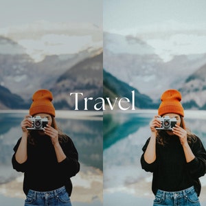 May include: A person wearing an orange beanie and holding a vintage camera, with the word "Travel" in white text. The background features a lake and mountains, creating a scenic travel theme.