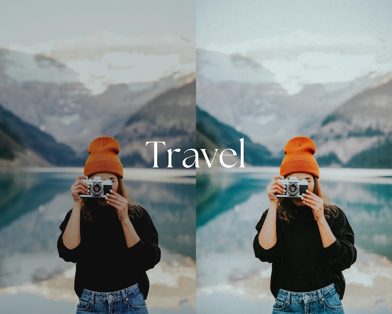May include: A person wearing an orange beanie and holding a vintage camera, with the word "Travel" in white text. The background features a lake and mountains, creating a scenic travel theme.
