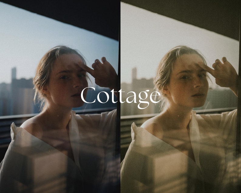 May include: A woman with blonde hair is standing in front of a window. She is wearing a white shirt and has her hand on her forehead. The word "Cottage" is written in white text on the window.