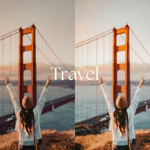 May include: A person with arms raised in front of the Golden Gate Bridge. The bridge is a vibrant orange-red color. The word "Travel" is written in white across the image.