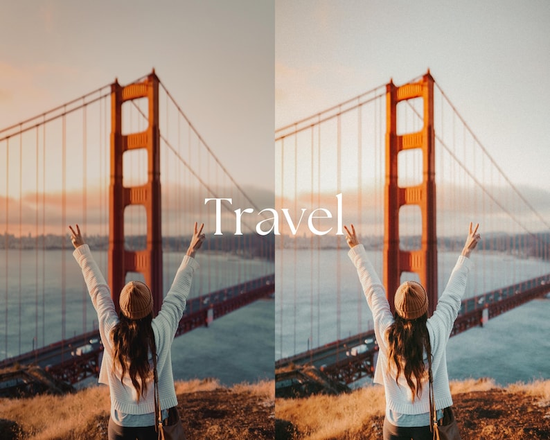 May include: A person with arms raised in front of the Golden Gate Bridge. The bridge is a vibrant orange-red color. The word "Travel" is written in white across the image.
