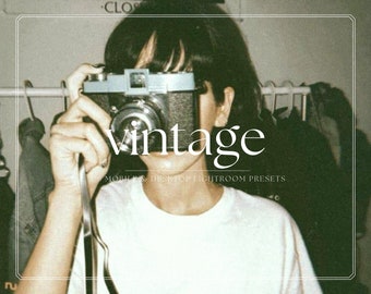 May include: A vintage camera held by a person, with the word "vintage" in white script overlaid on the image. The image has a retro aesthetic, with a soft, muted color palette and a white border. Text at the bottom reads "MOBILE & DESKTOP LIGHTROOM PRESETS."