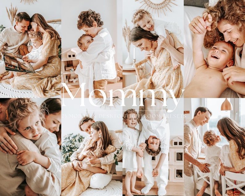 May include: A collection of Lightroom presets for photographers, called "Mommy", featuring images of families with children in various poses and settings.
