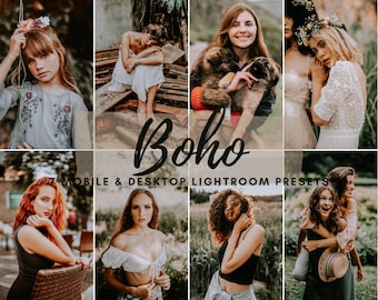 May include: A collection of digital presets for mobile and desktop Lightroom, designed to create a boho aesthetic in photos. The presets are shown applied to various images, including portraits, landscapes, and still life.