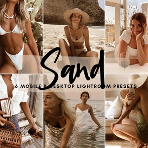 May include: A collage of six images featuring women in various summery settings. The images are edited with a warm, golden tone and feature a text overlay that reads "Sand 6 Mobile & Desktop Lightroom Presets".