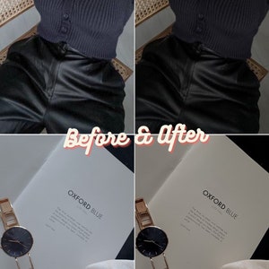 May include: Before and after photo showing a woman wearing a black cardigan and black leather pants. The photo on the left shows the woman in natural lighting, while the photo on the right shows the woman in more dramatic lighting. The photo on the right also shows a watch, a book, and a decorative object.