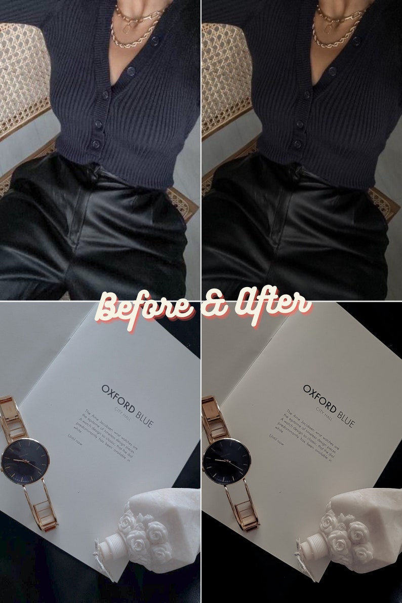 May include: Before and after photo showing a woman wearing a black cardigan and black leather pants. The photo on the left shows the woman in natural lighting, while the photo on the right shows the woman in more dramatic lighting. The photo on the right also shows a watch, a book, and a decorative object.